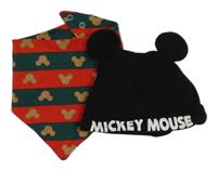 2 set - černá čepice s nápisem - Mickey + červeno-zelený pruhovaný slinták 