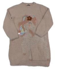 Světlerůžové chlupaté svetrové šaty s jednorožcem z flitrů C&A