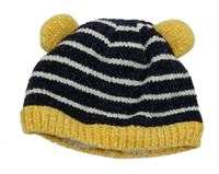 Modro-okrovaná pruhovaná žinylková zateplená čepice 