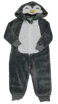 Šedo-bílá plyšová kombinéza s kapucí - tučňák