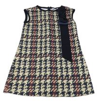 Tmavomodro-béžovo-vínové vzorované šaty s mašlou