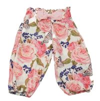 Bielo-ružové kvetované ľahké nohavice s mašlou