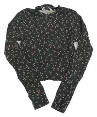 Tmavohnědo-farebné kvetované rebrované crop tričko H&M