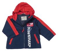 Tmavomodro-červená šušťáková jesenná bunda s nápisom a kapucňou Topolino