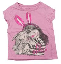 Ružové tričko s dívkou s králikom a flitrami Next
