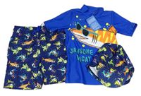 3set - Tmavomodré plážové kraťasy se dinosaury a žraloky + safírové UV tričko + tmavomodrá UV kšiltovka Studio