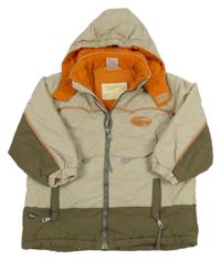 Béžovo-kaki-oranžová šušťáková zateplená bunda s kapucňou