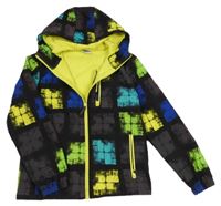 Černo-šedo-modro-žlutá kostkovaná softshellová bunda s kapucí Yigga