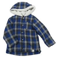 Tmavomodro-sivo-biela kockovaná zateplená košeľová bunda s kapucňou Nutmeg
