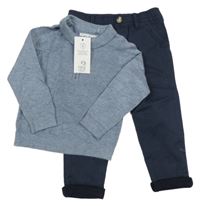 Nové - 2set - Světlemodrý svetr s límečkem + tmavomodré podšité kalhoty F&F