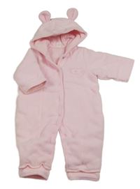 Svetloružová fleecová zateplená kombinéza s medvěďom a kapucňou Little Bundle