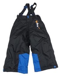 Čierno-modré šušťákové oteplovačky a kšandami a potlačou Kiki&Koko