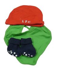 3set- červená čapica s písmeny+ zelený slinták+ tmavomodré ponožky