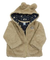 Béžová chlupatá podšitá propínací mikina s nápisem a kapucí s oušky Dopodopo