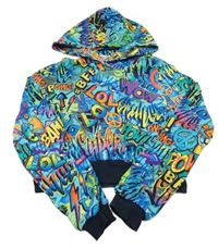 Modro-farebná ľahká crop mikina s nápismi a kapucňou