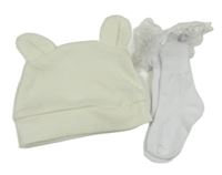 2set - Smetanová čepice s oušky + bílé ponožky s krajkou