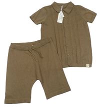2set - Hnědé pletené propínací polo tričko + kraťasy George