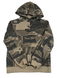 Hnědá vzorovaná mikina s fotkami a kapucí H&M