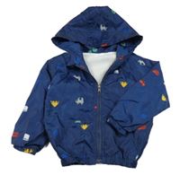 Tmavomodrá šušťáková jarná bunda s autami a kapucňou