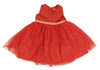 Červeno-zlaté slavnostní šaty s tylovou sukní a zlatou aplikací