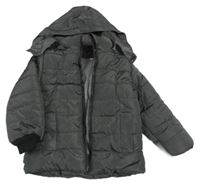 Tmavošedo-čierna prešívaná šušťáková zimná bunda s odopínacíá kapucňou