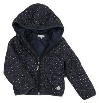 Tmavomodrá puntíkatá šusťáková prošívaná zateplená bunda s kapucí 