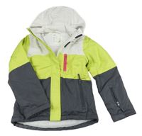 Bílo-zeleno-šedá šusťáková zimní lyžařská fukční bunda s kapucí Crane