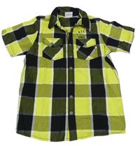 Černo-žlutozelená kostkovaná košile s nápisem Yigga