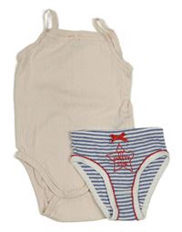 2set - Pudrové body s dirkovaným vzorem + modro-biele pruhované nohavičky s nápisom