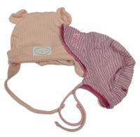 2x - Broskvová rebrovaná čepice + ružová čapica s prúžkami