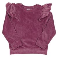 Ružová zamatová rebrovaná mikina s volánikmi little kids