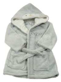 Šedý plyšový župan s páskem a kapucí - tučňák
