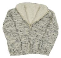 Bílo-šedý melírovaný žebrovaný propínací zateplený svetr M&S