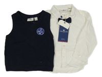 Nové - 3set - Tmavomodrá svetrová vesta + bílá košile + motýlek Tom Tailor