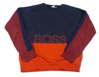 Tmavomodro-červeno-vínová mikina s logom a sieťovaným pruhom HUGO BOSS
