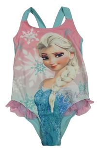 Světlerůžovo/světlemodré jednodílné plavky s Elsou a volánky Disney 