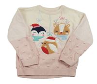 Smetanovo-svetloružový vianočný sveter so zvířátky/ozdobičkami a 3D bodky Mothercare