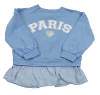 Modrá mikina s nápisom a srdiečkom a kamienkami a všitou pruhovanou halenkou Matalan