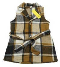 Nové - hnedo-čierno-biele kockované flaušové prepínaci šaty s golierikom a opaskom SHEIN