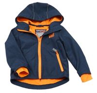 Tmavomodro-křiklavě oranžová melírovaná softshellová bunda s nápisy a kapucí dopodopo