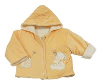 Světleoranžový sametový zateplený kabátek s medvídkem a včelkami a kapucí