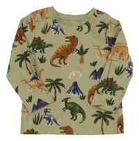 Světlekhaki triko s dinosaury a sopkami a palmami Nutmeg