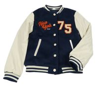 Tmavomodro-smetanový flaušovo/koženkový baseballový zateplený bomber s číslem a nápisy ZEEMAN