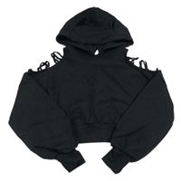 Čierna oversize crop mikina s prestrihmi a kapucňou SHEIN