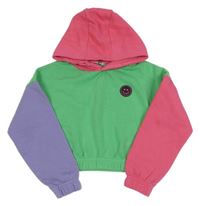 Zeleno-fialovo-tmavoružová crop mikina so smajlíkom a kapucňou PEP&CO