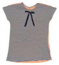 Bielo-tmavomodro-neónově oranžové pruhované tričko s mašlou NONO