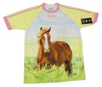 Nové - bílo-žluto-zeleno-růžový sportovní dres s koníkem O´neills