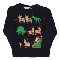 Tmavomodrý vianočný sveter s dinosaurami a sobmi a Santou H&M