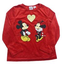 Červené zamatové tričko s Mickey mousem a Minnie Disney