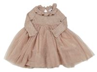 Starorůžové úpletovo/tylové šaty s třpytkami a límečkem Primark
